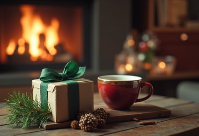 A gift sits by the fireplace, ready for the holidays