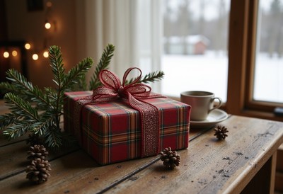 A plaid gift box sits on a wooden table near a window