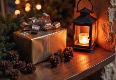 Gold gift box with a silver bow by a lantern