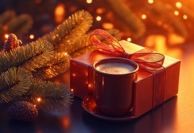 A cozy christmas morning with coffee and a gift