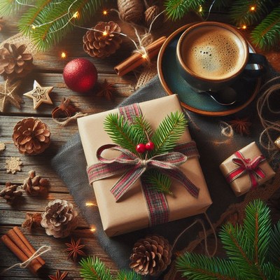 A gift on a table with pine, cinnamon, and coffee