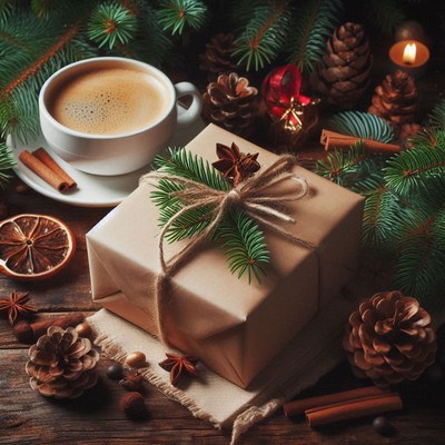 Gift on a table with pine and cinnamon