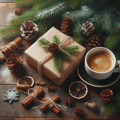 A gift and coffee sit on a wooden table