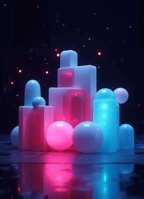 A colorful city lit up at night