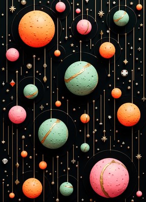 Colorful spheres hang in a dark space with golden accents