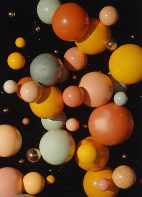 Colorful spheres float in a dark space