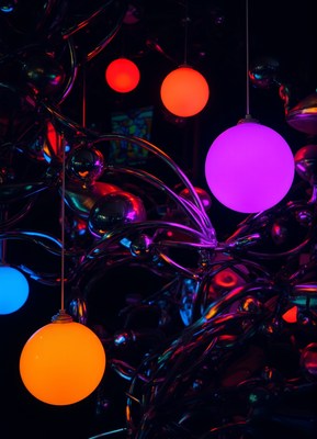 Colored lights hang from a metal sculpture