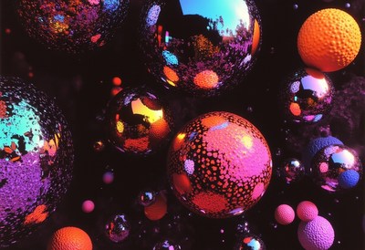 Colorful spheres float in a dark space
