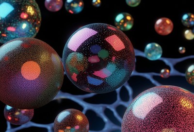 Colorful spheres float in a web-like structure