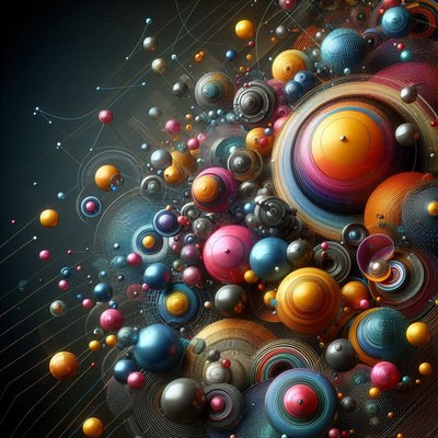 Colorful spheres and rings create an abstract 3d design