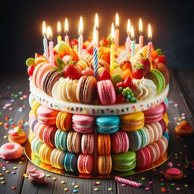 A colorful macaron birthday cake with lit candles