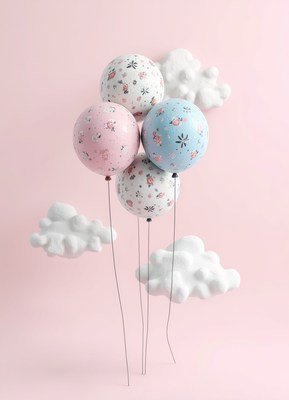 Four floral balloons float against a pink background