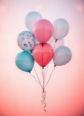 Colorful balloons float against a pink sky