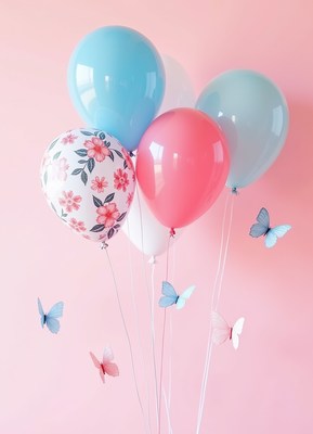 Colorful balloons and butterflies on a pink background
