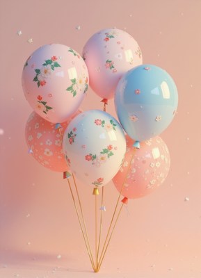 Floral balloons drift on a peach background