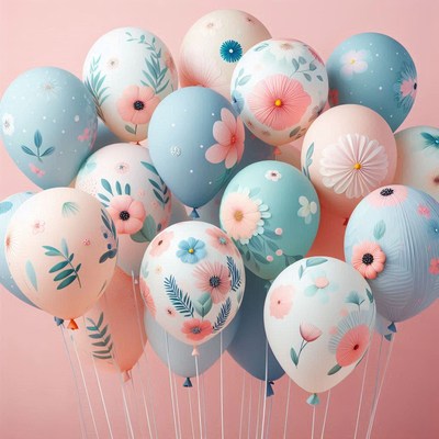 A bouquet of pastel balloons with floral designs