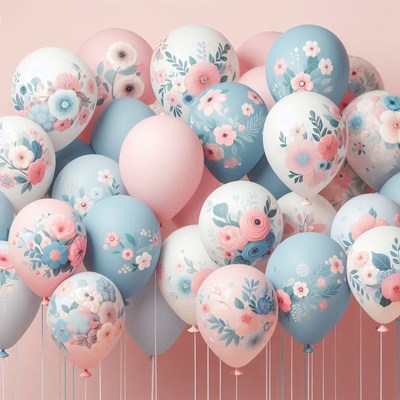Floral pink and blue balloons are tied together