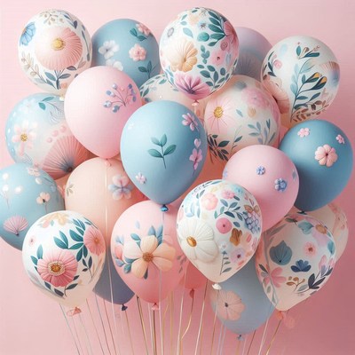 A bunch of floral balloons in pink and blue