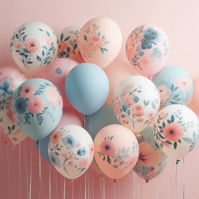 Floral balloons in pink and blue create a festive atmosphere