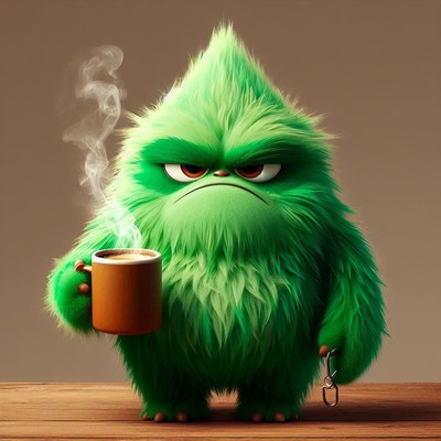 A green monster holds a cup of coffee