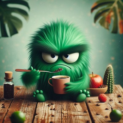 A grumpy green monster enjoys a cup of coffee