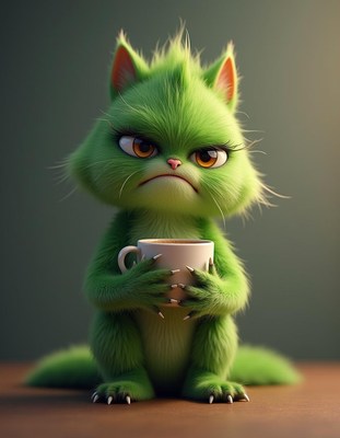 A green, furry cat sits with a cup of coffee