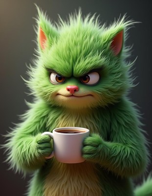 A green furry cat holds a cup of coffee