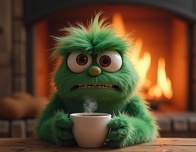 A green furry creature enjoys a warm drink by a fireplace
