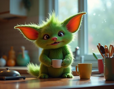 A furry green creature enjoys a cup of coffee in the kitchen