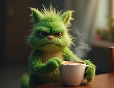 A furry green cat glares with a coffee cup