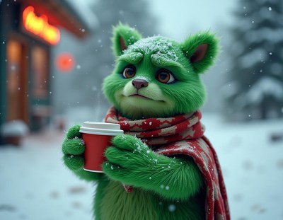 A green furry creature enjoys a warm drink in the snow
