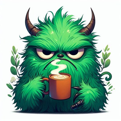 A green monster with horns drinks coffee while frowning