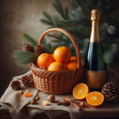 Oranges, champagne, and pinecones on a table