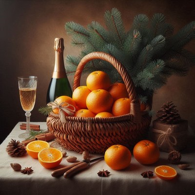 Basket of oranges, champagne, and a wine glass