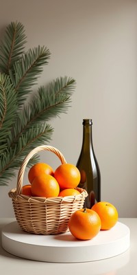Oranges next to wine and a green branch
