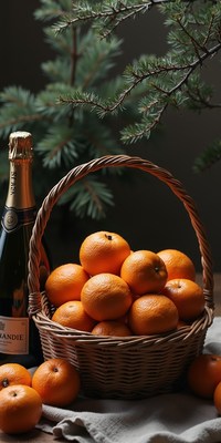 A wicker basket sits on a table filled with ripe oranges