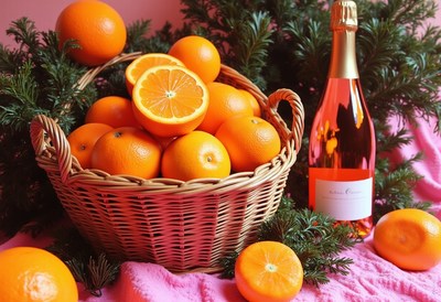 A basket of oranges and wine on a pink tablecloth