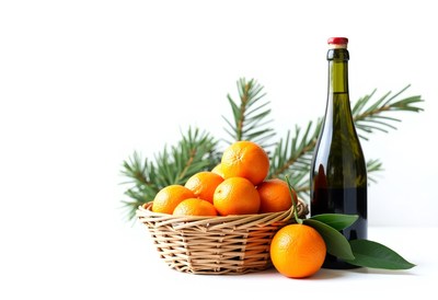 Oranges and wine on a white table
