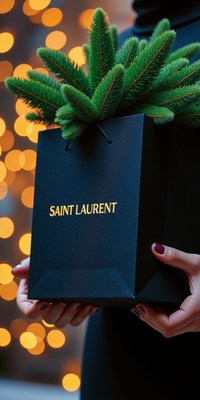 A person holds a blue gift bag with a green plant