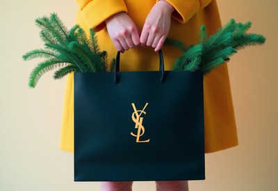 Person in yellow coat holds green sprig bag
