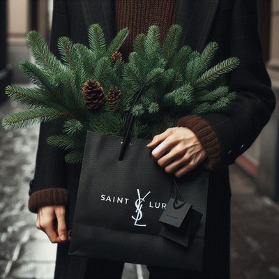 A person carries a bag of pine branches on a city street