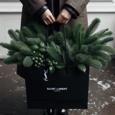 A person holds a black bag of green sprigs