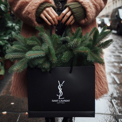 A person carries a shopping bag with a pine tree