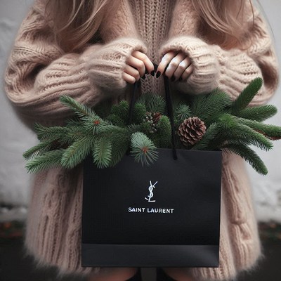 A woman holds a black shopping bag with a pine branch
