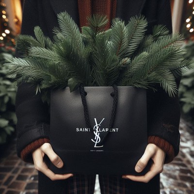 Person with a black saint laurent shopping bag