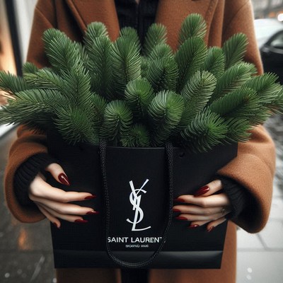 A person holds a bag of green pine branches