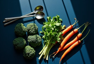Fresh broccoli, carrots, and parsley on a blue surface