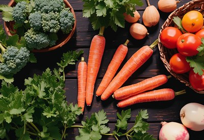 Fresh carrots, broccoli, and tomatoes on a wooden table