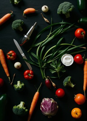 Fresh vegetables are arranged on a black surface