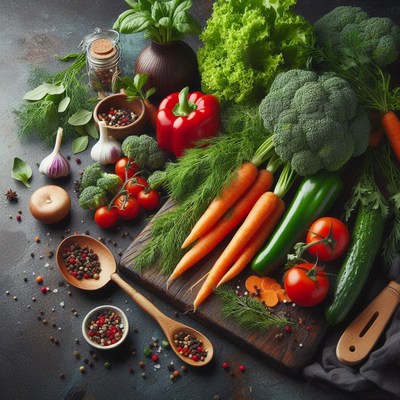 Fresh vegetables on a wooden cutting board